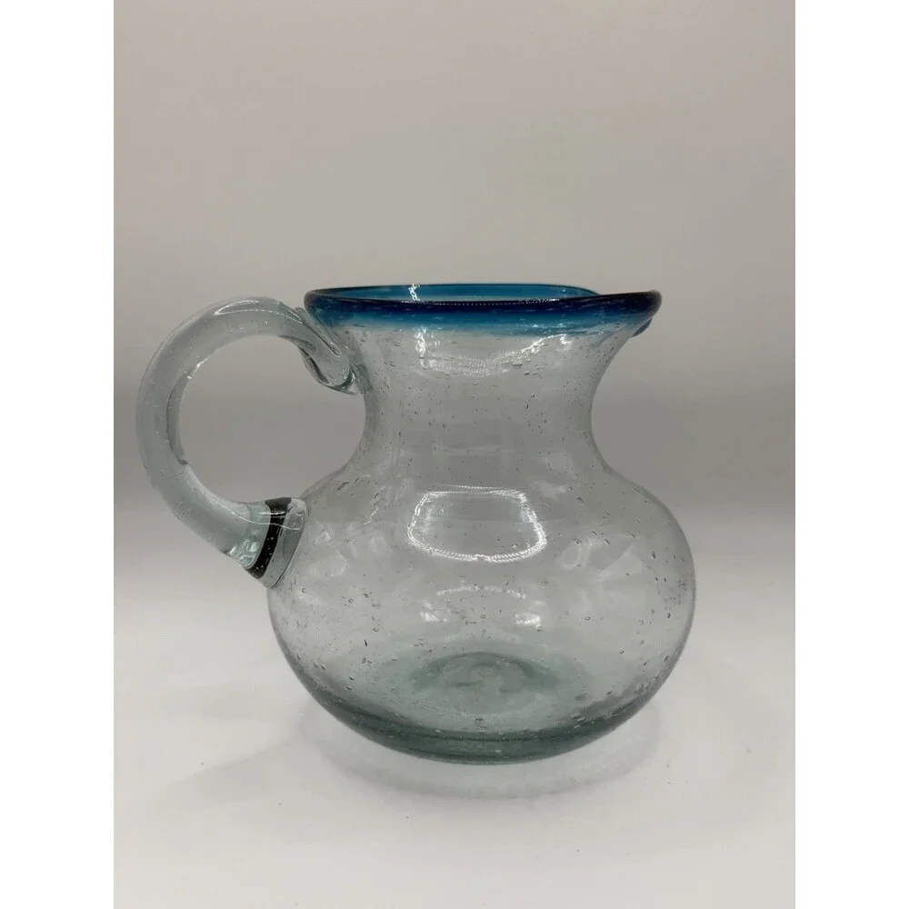 Hand Blown Art Glass Creamer Pitcher Blue Rim Bubble Glass Pontil 4.5”